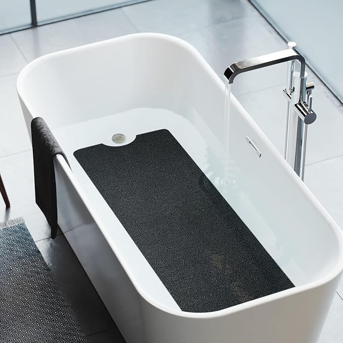 HITSLAM Non Slip Bathtub Mat 40 x 16 Inch, Extra Long Bath Mat for Tub, Soft PVC Loofah Shower Floor Mat with Drain, Quick Drying Bathroom Tub Mat for Wet Area, Without Suction Cup, Black