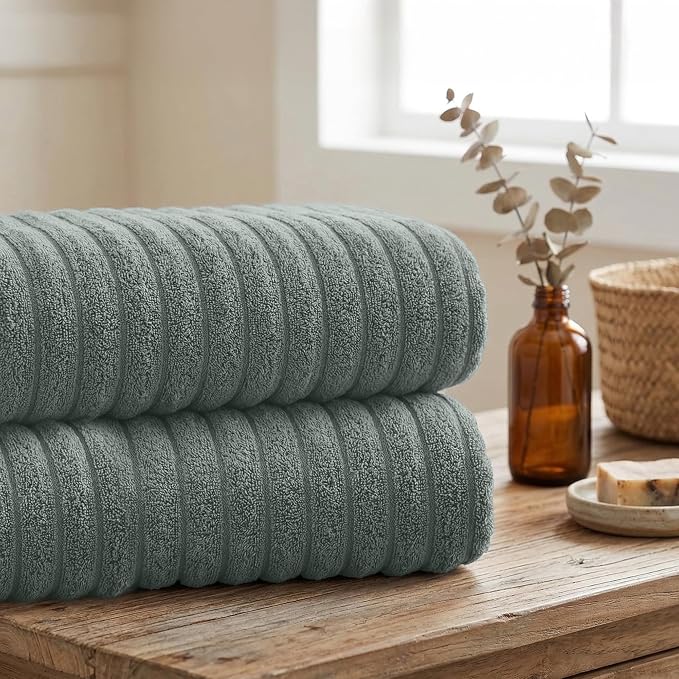 RIVERSIDE Pack of 2 Extra Large Bath Sheet Towels, 35 x 70 Inches, 600 GSM, Ribbed Stripe, 100% Cotton - Super Soft, Highly Absorbent & Quick Dry for Bathroom, Spa & Hotel, Gray
