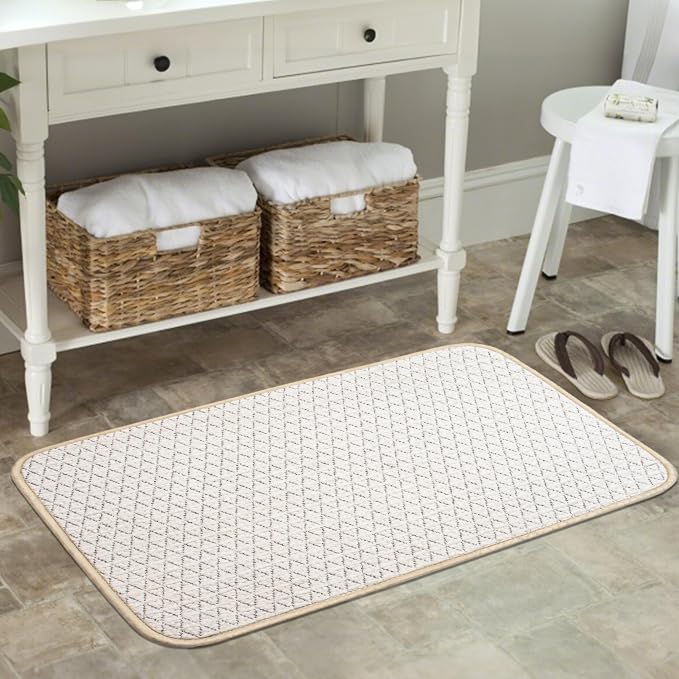 Non Slip Bathroom Rugs with Rubber Backing Super Absorbent Quick Dry Bath Mat Soft Braided Ultra Thin Shower Mat Fit Under Door Floor Bathtub, Easy Care, Machine Washable, 17"x 32", White
