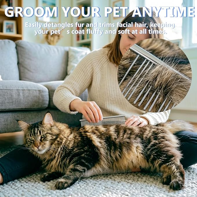 7 Pack Pet Grooming Comb Set for Dogs & Cats, Stainless Steel Rounded Teeth Combs, Detangling Comb, Flea Comb, Tear Stain Remover, Eye Hair Grooming Tools for Small Medium Large Pets