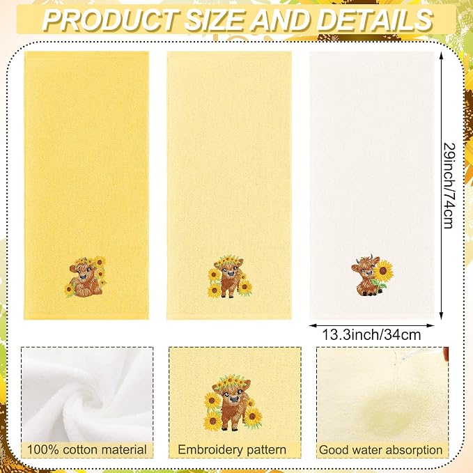 FuWeave 3 Pcs Sunflower Highland Cow Hand Towels Embroidered Highland Cow Farmhouse Yellow Decorative Bathroom Towels for Bathroom Kitchen Decor, 100% Cotton, 13.3 x 29.5''