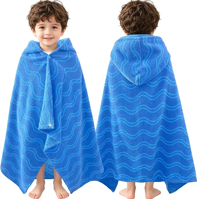 VOOVA & MOVAS Toddler Beach Towel with Hood, (0-3Years,40"X25"),Made from 100% Soft Cotton,Absorbent Hooded Towel Wrap for Baby Boy,Perfect for Pool | Swimming | Bath | Beach,Jacquard Blue Wave