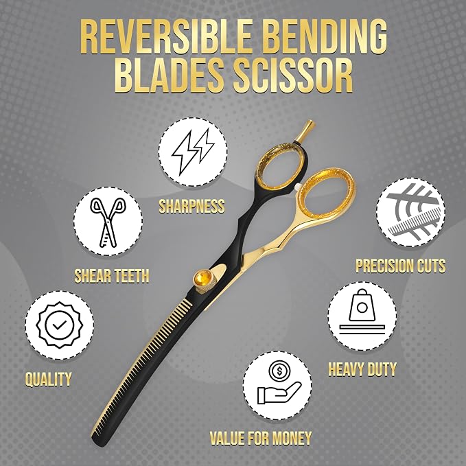 ZAVRIX Professional Dog Grooming Scissors – 7.5” Curved Thinning Shears with 34 Teeth, Pet Chunkers for Dogs & Cats, Premium 440C Stainless Steel Grooming Tools (Golden Black Curved Thinning Scissor)