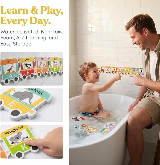 Baby Bath Toys for Toddlers 1-3, Mold Free Foam Bath Letters and Numbers, Alphabet Train Water Toys for Kids Ages 2-4, Bathtub Toy Organizer Storage Bag Included, Gifts for Boys Girls