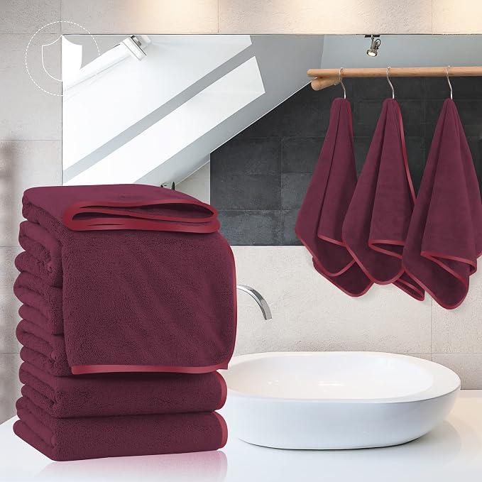 TENSTARS Silk Hemming Hand Towels for Bathroom - Quick Drying - Ultra Soft Microfiber Absorbent Towel for Bath Fitness, Gym, Shower, Hotel, and Spa - 16x28 Inch | Set of 6, Burgundy