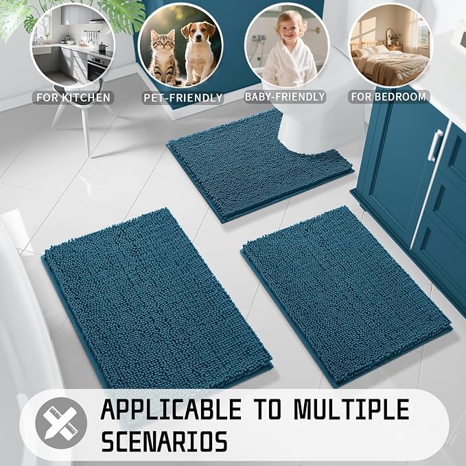 Yimobra Washable Bathroom Rugs, Super Soft & Absorbent Chenille Bath Mat for Floor & Carpet, Quick Dry Non Slip Bath Mat for Tub Shower, 32"x20",Peacock Blue