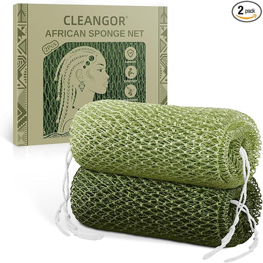Cleangor 2Pcs African Net Sponge Authentic with Knots - Exfoliating Body | Scrubber for All Skin Types, African Bath Sponge, Wash Cloth, Gentle Exfoliation Shower Rag for Women Daily Use