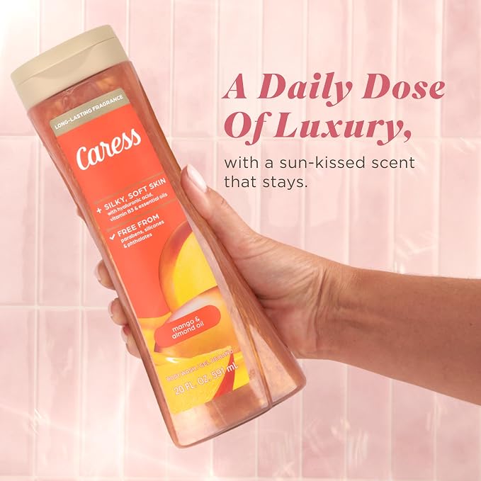 Caress Mango & Almond Oil Body Wash, 20 fl oz, 4 Pack | Hyaluronic Acid & Vitamin B3, Moisturized, Silky Soft Skin, Long-Lasting Tropical Fragrance