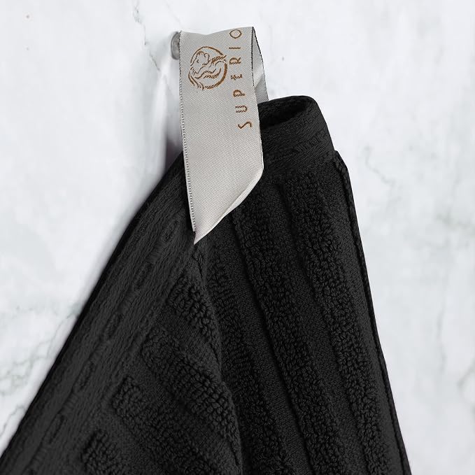 Superior Cotton 4-Piece Solid and Ribbed Hand Towel Set, Hand Towels- 16" x 28", Black