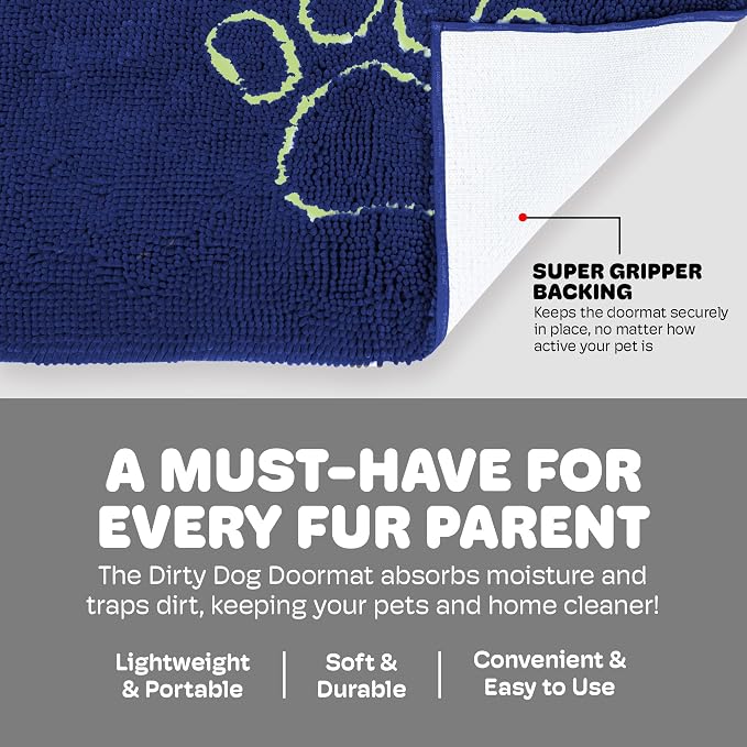 Dog Gone Smart Dirty Dog Doormat - Fast Drying Rug with Super Gripper Backing for Clean Floors - Super Absorbent and Machine Washable Mat for Muddy Paws - Marine
