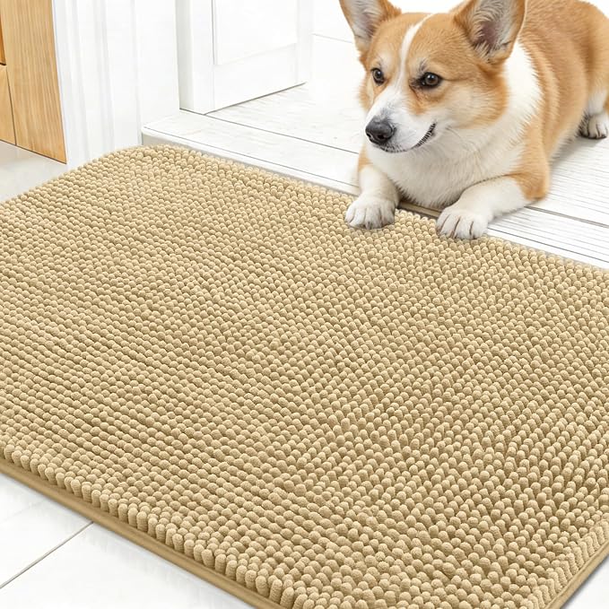 OLANLY Dog Door Mat for Muddy Paws 24x16, Absorbs Moisture and Dirt, Absorbent Non-Slip Washable Doormat, Quick Dry Chenille Mud Mat for Dogs, Entry Indoor Entryway Carpet for Inside Floor, Beige