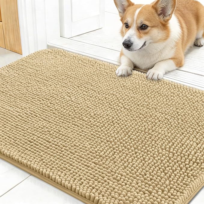 OLANLY Dog Door Mat for Muddy Paws 30x17, Absorbs Moisture and Dirt, Absorbent Non-Slip Washable Doormat, Quick Dry Chenille Mud Mat for Dogs, Entry Indoor Entryway Carpet for Inside Floor, Beige