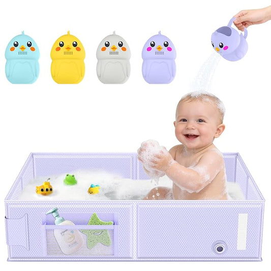 Collapsible Baby Bathtub, Foldable Toddler Bath Tub with Chick Pattern Bath Rinse Cup, No Assembly Portable Travel Bathtub for 6M-5Y, Ideal for Shower, Travel Essentials & Baby Registry Gift