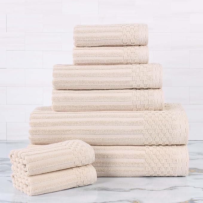 Superior Cotton 8-Piece Solid and Ribbed Towel Set, Face Towels 13” x 13”, Hand Towels 16” x 28”, Bath Towels 27” x 54”, Ivory