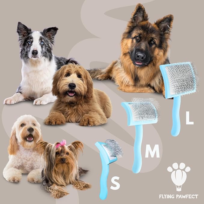 Pet Slicker Brush With Soft Massage Grooming Stainless Steel Pins - For Dematting, Shedding Fur, and Undercoat - Ideal Gift for Professional Pet Groomers - Long Slicker Brush (Blue, Curved Small)
