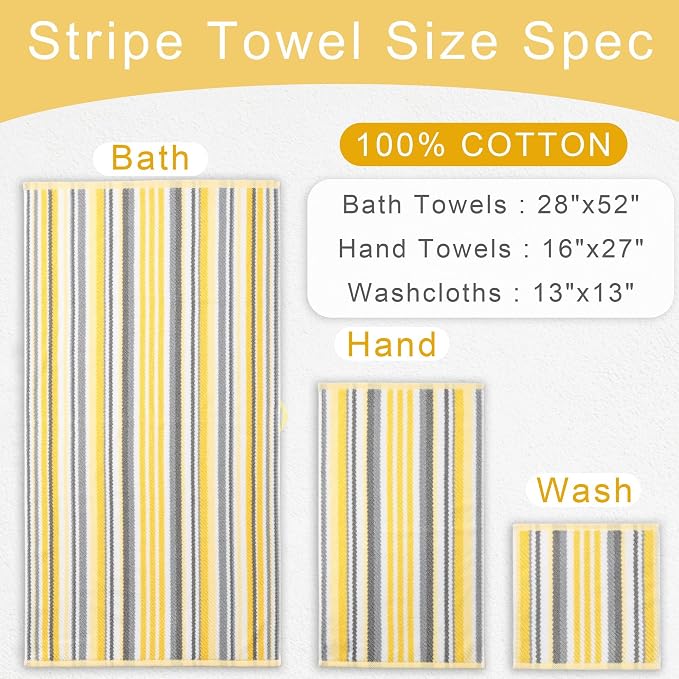 Yellow Striped Washcloths 6PC - 100% Cotton, Quick Dry, Soft, Absorb & Lightweight, Washcloth 13"x13", Striped Wash Cloth Decorative Set, Luxury Wash Cloths Set for Bathroom, Yellow + Gray