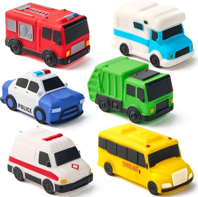 JOYIN 6 Pcs Car Bath Toys, Sealed & No-Hole & Mold Free Bathtub Toys for Kids, Non-Toxic & Soft Water Vehicles Toys, Squeezable & Float on Water, Bath & Pool Play for Boys and Girls