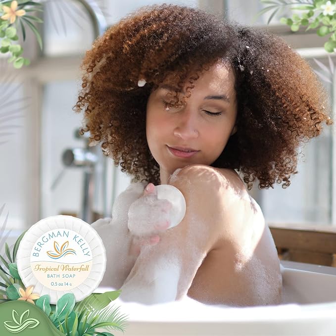 Luxury Travel Size Round Soap Bulk, Tropical Waterfall, 0.5 oz, 100 PK | Bergman Kelly Guest Size: Individually wrapped 1.9" diameter bars. Rich lather, ideal for Airbnbs, travel, and care packages.