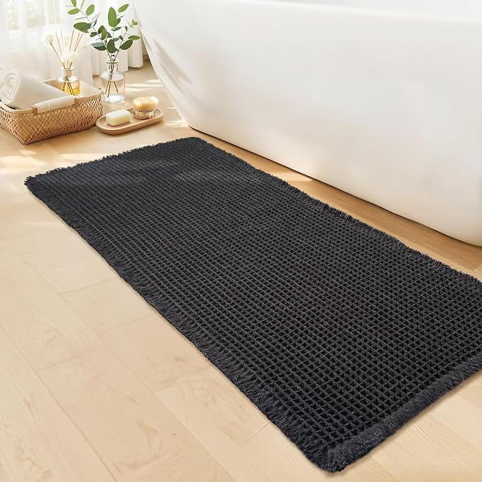 Black Bathroom Rug - Waffle Bath Mat Non Slip Washable, Super Absorbent & Quick Dry, Boho Bath Mat Farmhouse Bathroom Decor, 24'' x 48'', Black