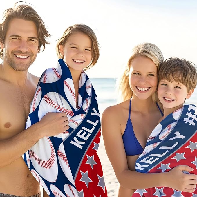 Personalized Beach Towel With Name, Custom Beach Towel with Text, Customized Microfiber Pool Towel, Quick Dry & Absorbent Swim Towel for Adult,Anniversary, Birthday, Summer Holiday,Vacation,Baseball
