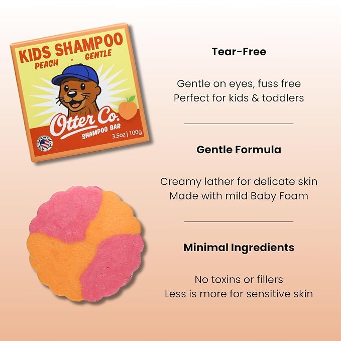 Otter co. Kids Gentle Peach Shampoo Bar – Tear Free Shampoo – Sulfate Free & Non Toxic – Made with Organic Ingredients – Vegan, Cruelty Free, Natural & Hydrating for All Hair, Made in USA