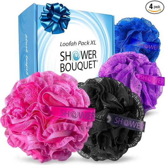 Loofah-Bath-Sponge Hot-Lacey-Mesh // 4-Steamy-Lace-Colors by Shower Bouquet / 2-Scrubs-in-1 Large Full 60g Pouf Body Luffa Loofa Loufa Puff - Exfoliate, Cleanse Skin with Luxury Bathing Accessories