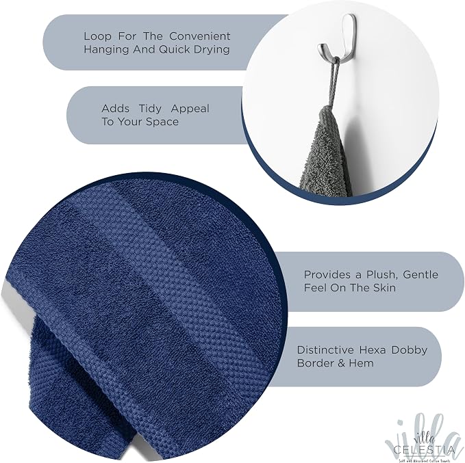 Cotton Washcloths Set of 12, 12x12 Inch, 100% Ring-Spun Combed Cotton, Soft Absorbent Quick-Dry Wash Cloths for Face and Body, Oeko-TEX Certified, Hotel & Spa Quality, Navy Blue
