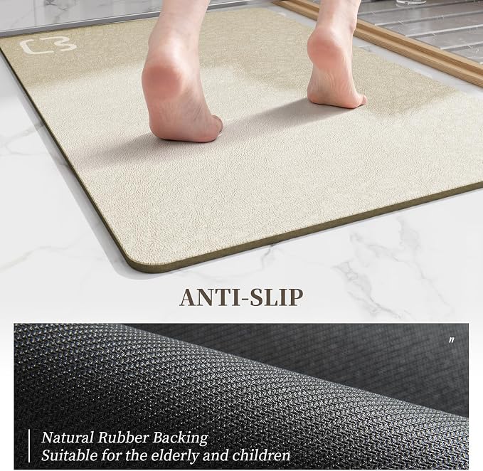 RUERYA Beige Bath Mat 17" x 59" Extra Long Bathroom Mat Large Fast Dry Super Absorbent Non-Slip Rubber Backed Shower Mat Bath Rugs Mats for Bathroom Floor, Tub, Shower, Sink