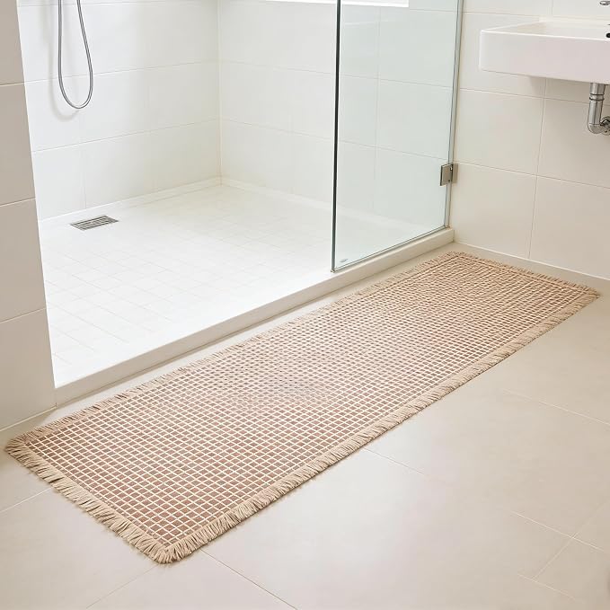 Waffle Bath Mat Non Slip, Boho Runner Rug, Super Absorbent Quick Dry Long Bath Runner Bathroom, Soft Farmhouse Bath Rug with Tassels, Washable Shower Mats for Floor 24"x48", Brown