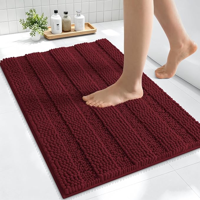 Smiry Thick Small Chenille Bathroom Rugs 24x16, Extra Absorbent Striped Bath Mat, Machine Washable, Rubber Backing, Bath Rugs for Bathroom, Tub & Shower, Home Decor Accessories, Andorra Red-Brown
