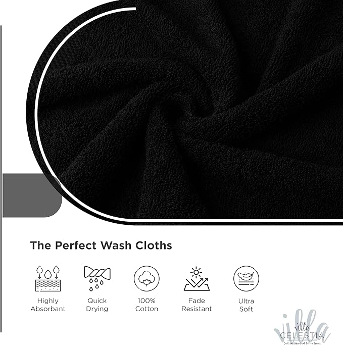 Cotton Washcloths Set of 6, 12x12 Inch, 100% Ring-Spun Combed Cotton, Soft Absorbent Quick-Dry Wash Cloths for Face and Body, Oeko-TEX Certified, Hotel & Spa Quality, Black