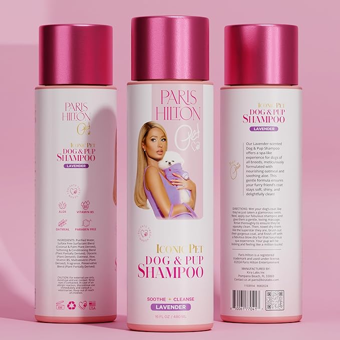 Paris Hilton Dog Shampoo - Gentle Calming Lavender Scent, Sulfate-Free Vegan & Hypoallergenic for All Dog Breeds, with Oatmeal & Aloe for Healthy Coats & Salon-Quality Grooming, 16oz (480ml)