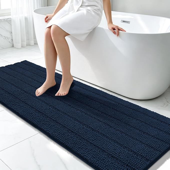 Bcoimo Long Bathroom Rug, Chenille Bath Runner with High Low Pile Design, Soft Absorbent Non Slip Bath Mat, Machine Washable Quick Dry Rug for Shower, Tub, Sink and Vanity