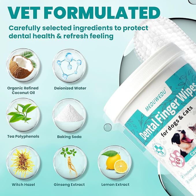 MEDUWEDU Dental Care Finger Wipes 60 Counts,Teeth Cleaning Finger Wipes for Dogs & Cats,Reduces Plaque & Supports Oral Freshness, Peach Scent