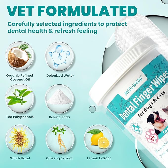 MEDUWEDU Dental Care Finger Wipes 60 Counts,Teeth Cleaning Finger Wipes for Dogs & Cats,Reduces Plaque & Supports Oral Freshness, Coconut Scent