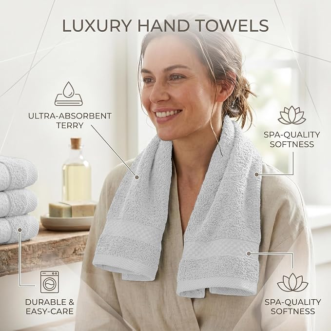 RIVERSIDE 6-Pack Premium Hand Towels Set, 16x28 inches, 100% Ring Spun Cotton, Super Soft, Quicker to Dry and Highly Absorbent, Towels for Bathroom, Kitchen, Gym, Spa, White