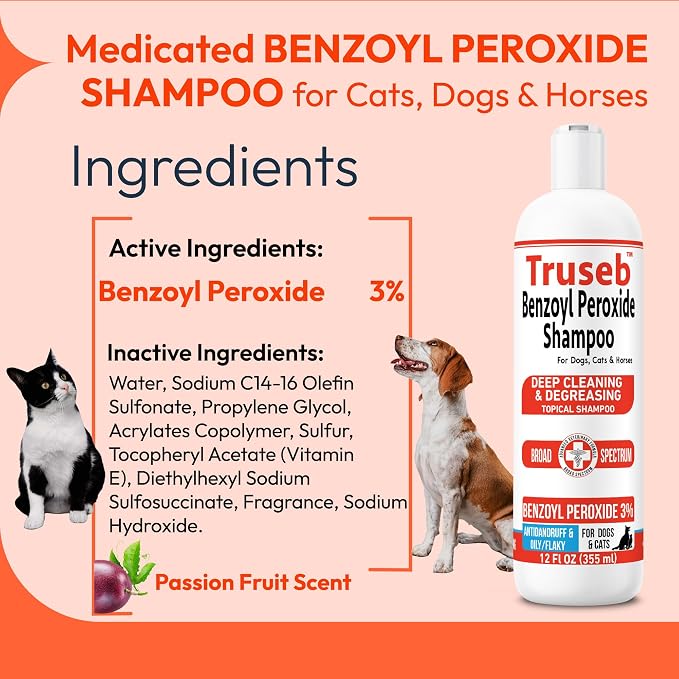 All Natural Medicated Benzoyl Peroxide 3% Shampoo for Dogs, Cats,Horses Helps Relieve Folliculitis, Dandruff, Psoriasis, Seborrheic Dermatitis, Itchy Scalp(3% Benzoyl Peroxide) Passion Fruit Scent