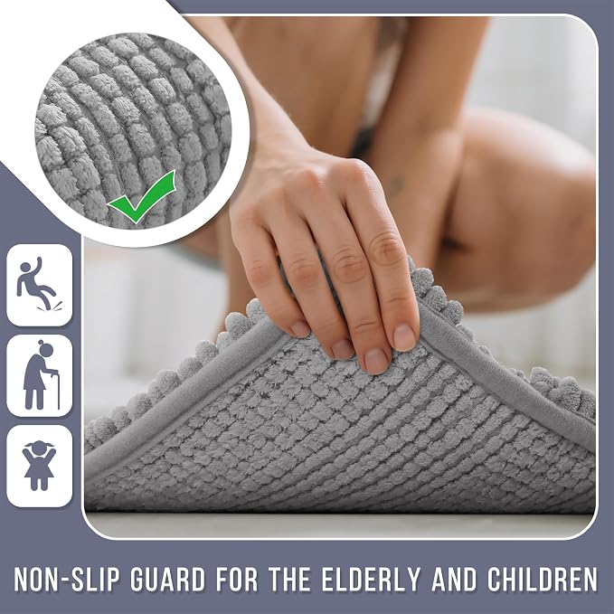Yimobra Bathroom Rug Mat 44 x 24, Non Slip and Super Absorbent Bath Mat,Machine Washable Quick Dry,Ultra Plush Chenille Shower Rugs for Bathroom Floor Sink Tub and Shower Outside,Gray