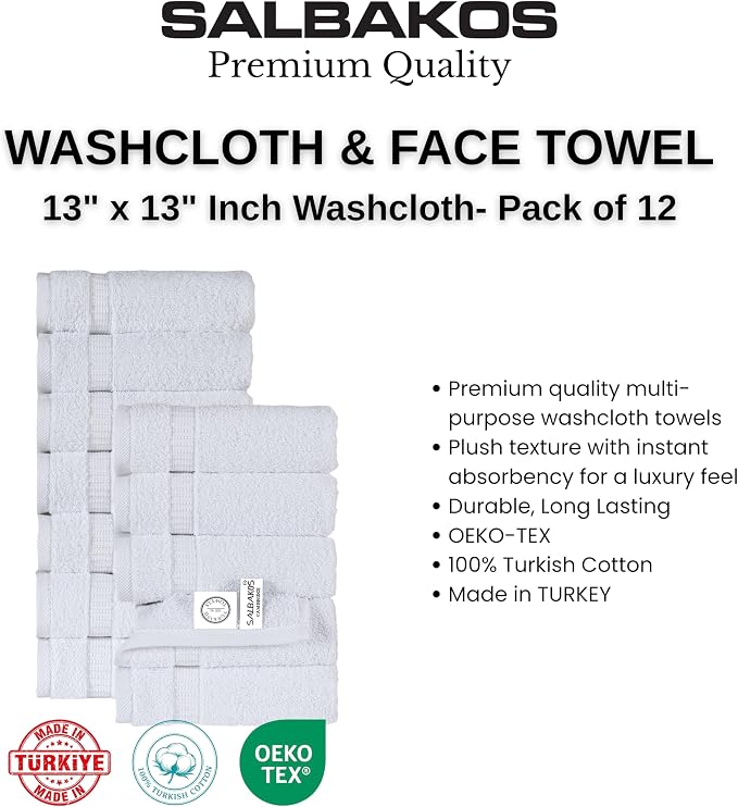 SALBAKOS 12-Piece 100% Turkish Cotton Wash Cloths for Bathroom & Face - Soft 13x13 in Small Towels for Body & Kitchen - Thick, Absorbent Multi-Use Oeko-TEX Certified Washcloths (White, 12 Washcloths)
