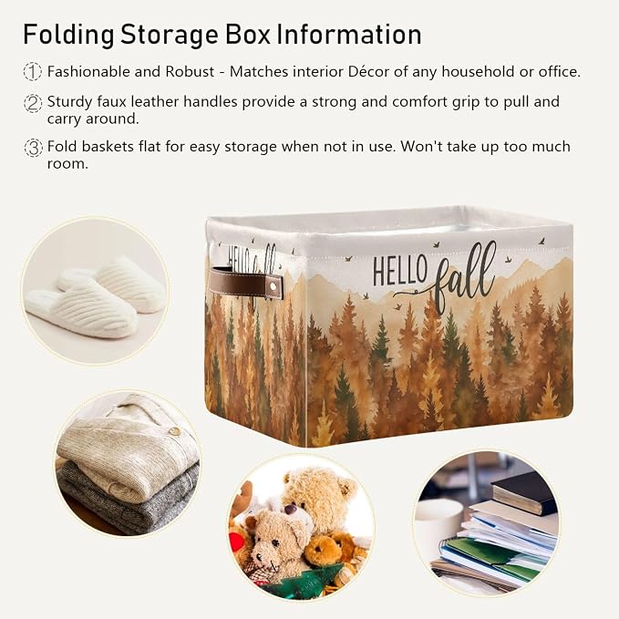 Wamika Hello Fall Forest Storage Basket with Waterproof Liner and PU Handles Maple Leaves Pine Tree Storage Bins Boxes 14.2" Collapsible Decorative Organizer Baskets for Bedroom Closet Office 2 Pack