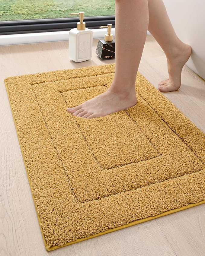 DEXI Small Bathroom Rug 24x16, Non Slip Washable Bath Mat for Shower Floor, Absorbent Soft Bathmat with Rubber Backing, Quick Dry Microfiber Carpet, Yellow