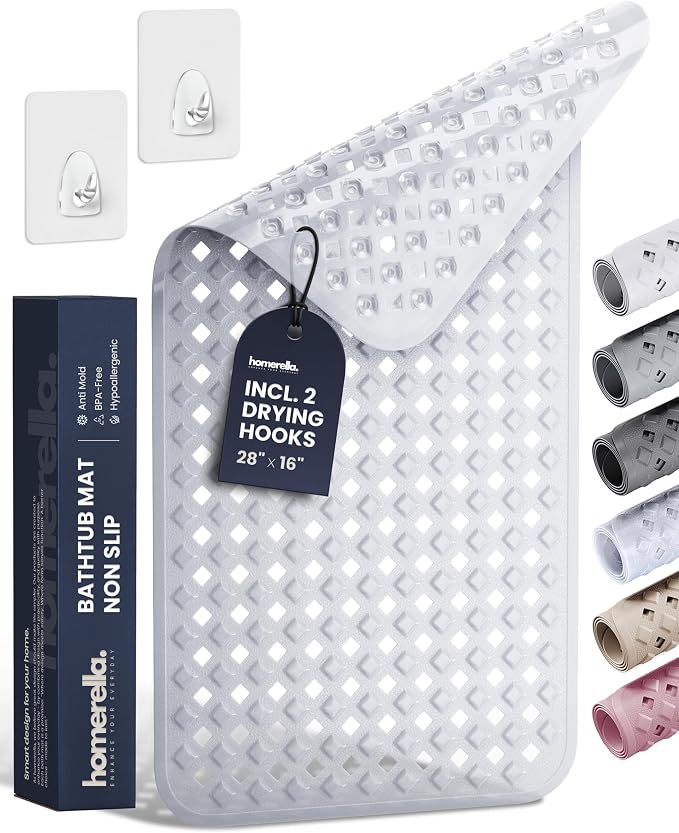 Bathtub Mat Non Slip 28x16 - homerella® Bath Mat Incl. Hooks for Drying, 100% BPA Free, Shower Mat Non Slip Anti Mold, Machine Washable, Shower Mats for Inside Shower Mildew Resistant (Clear)