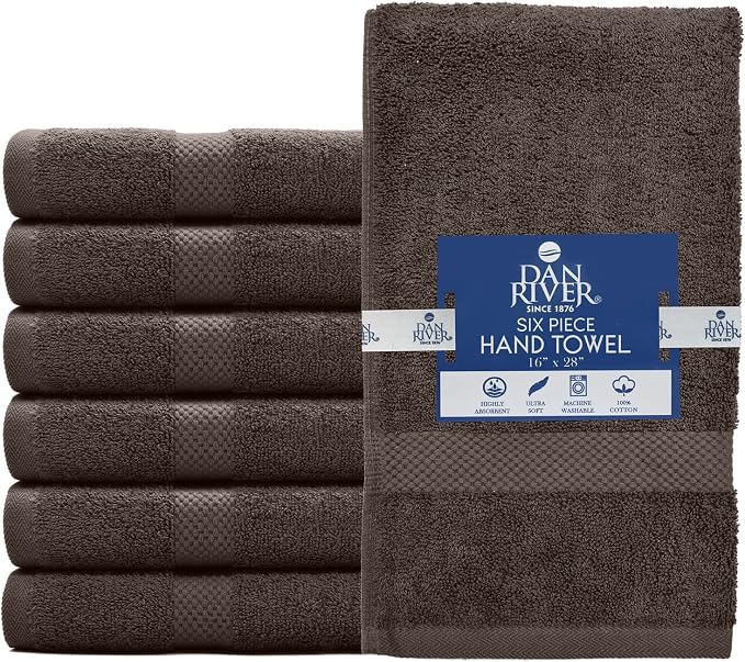 DAN RIVER 6-Pack Premium Hand Towels (16x28 Inches) - 100% Cotton, Ultra Soft, Lightweight, Highly Absorbent Towels for Bathroom, Spa, Gym, Salon, Hotel, and Travel - Brown