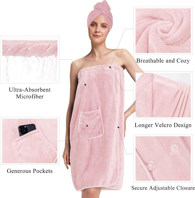 PJGGZ Towel Wrap for Women, Three Adjust Clasps Closure Bath Wraps After Shower Spa Sauna Bathrobe(Available in Plus Size)