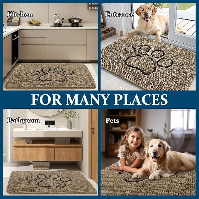 OLANLY Dog Door Mat for Muddy Paws 36x24, Paw Print Design, Absorbs Moisture and Dirt, Absorbent Non-Slip Washable Doormat, Quick Dry Chenille Mud Mat for Dogs, Entry Indoor Entryway Carpet, Tan