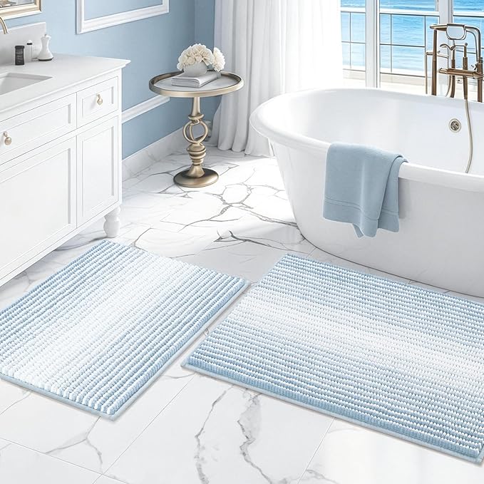 BSICPRO Bathroom Rugs and Mats Sets, 2 Piece Thick Absorbent Chenille Bath Mat Rug Set Non Slip, Soft Shaggy Bath Room Floor Mats for Bathroom, Machine Washable (20" x 32" Plus 16" x 24",Ice Blue)