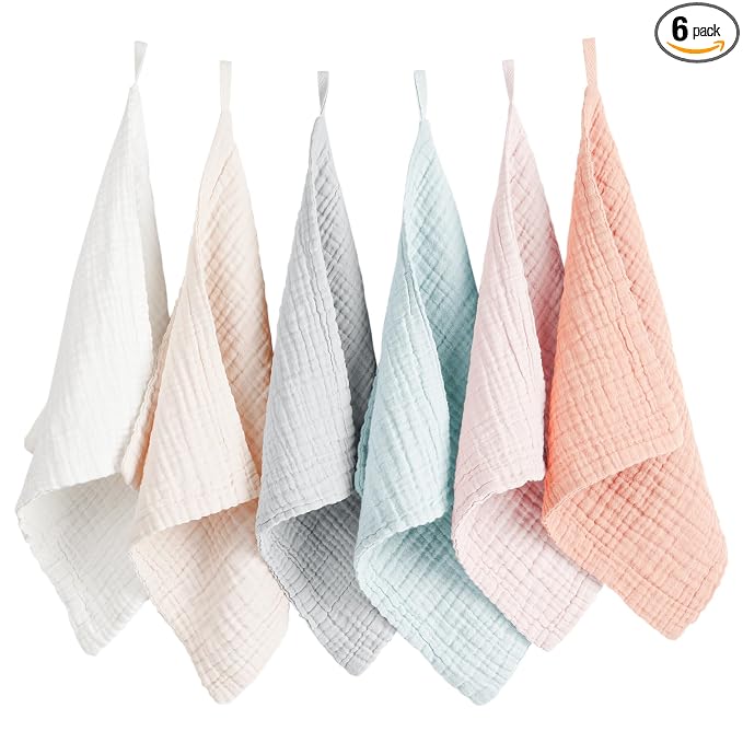 Konssy 6 Pack Baby Muslin Washcloths for Unisex 100% Cotton Wash Cloth Set for Baby Face Body Comfy and Soft for Newborn Infants Kids Girls and Boys