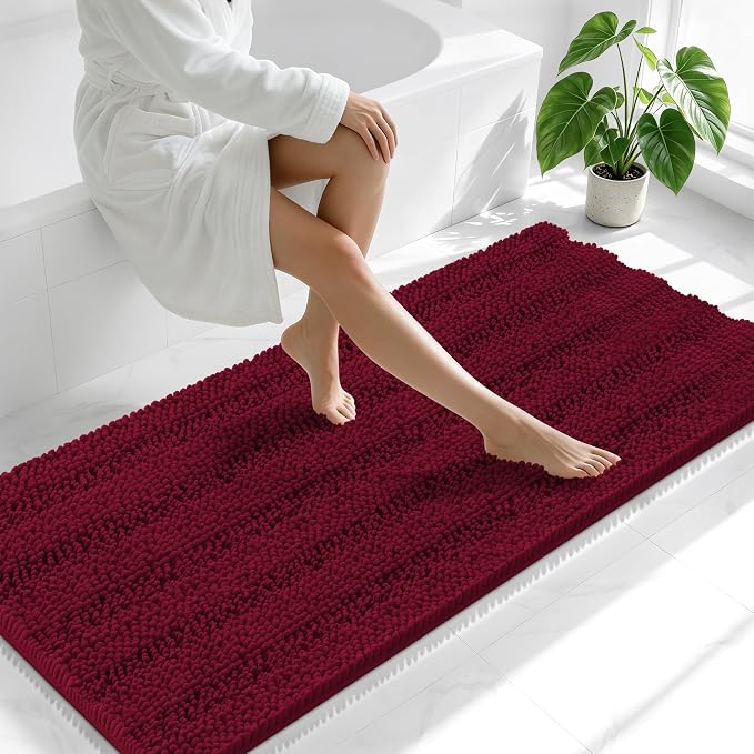 Smiry Thick Chenille Bathroom Runner Rugs 59x24, Absorbent Striped Bath Mat, Machine Washable, Rubber Backing, Extra Long Bath Rugs for Tub & Shower, Modern Home Decor Accessories, Burgundy