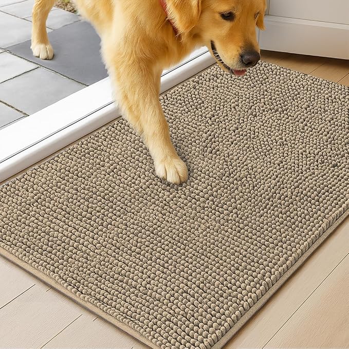 MUDGUARD MAT® Dog Door Mat for Muddy Paws, Super Absorbent Microfiber, Non-Slip Indoor Mat, Quick-Dry Chenille Rug for Pets & Entryway, Machine Washable, Beige 24" x 36"