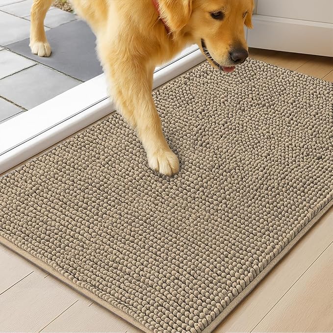 MUDGUARD MAT® Dog Door Mat for Muddy Paws, Super Absorbent Microfiber, Non-Slip Indoor Mat, Quick-Dry Chenille Rug for Pets & Entryway, Machine Washable, Beige 19" x 30"